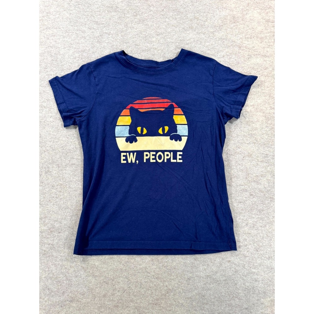 SHEIN Ew, People T Shirt Womens Medium Navy Blue Cat Graphic Print Short Sleeve